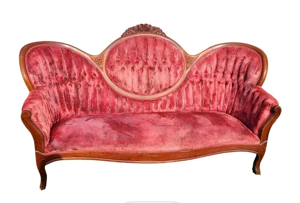 Mauve Red Velvet Antique Tufted Sofa